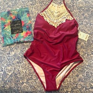 Cupshe Maroon and Crochet Cream Women’s One Piece Swimsuit Size L